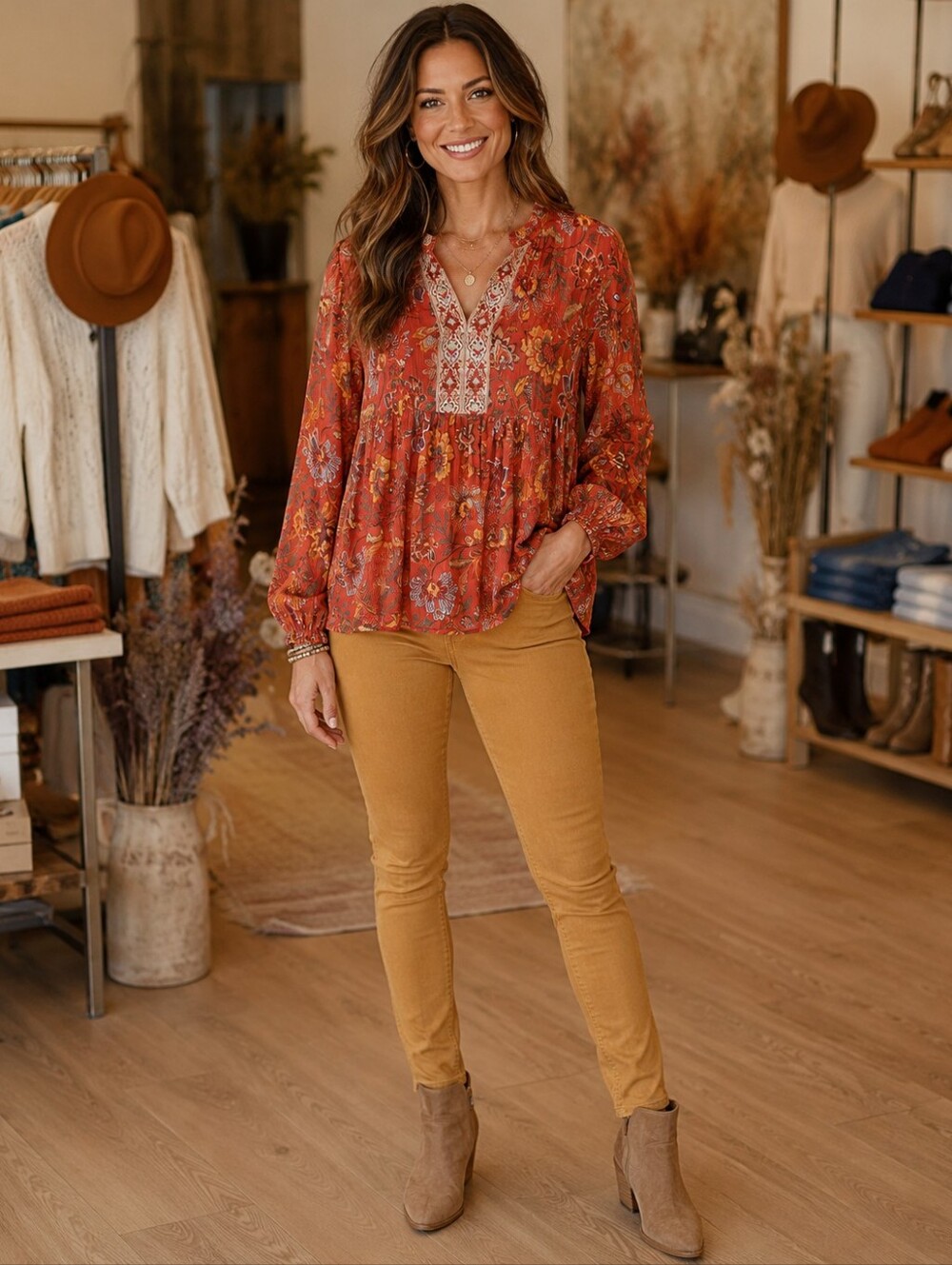 FRYE AND CO. Red Floral V-Neck Peasant Blouse